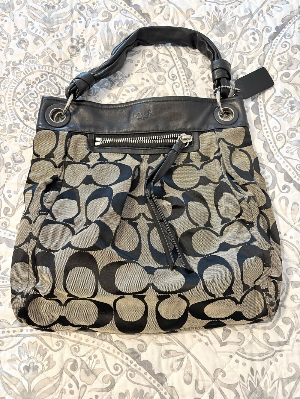 Coach Black and Gray Signature Canvas Hobo Shoulder Bag